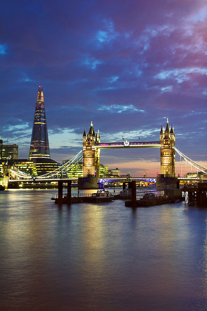 The Shard and Tower Bridge on the River Thames at night, London, England, United Kingdom, Europe