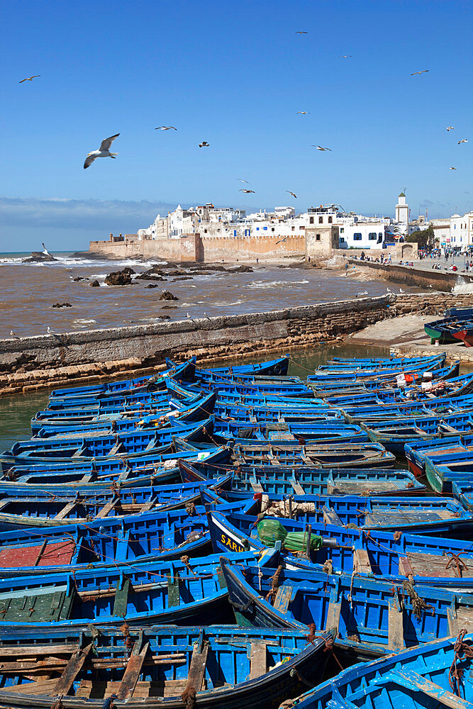 View over the fishing harbour to the ramparts and medina, Essaouira, Atlantic coast, Morocco, North Africa, Africa