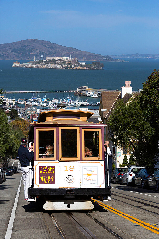 Hyde Street Cable Car with Alcatraz in background, San Francisco, California, United States of America, North America