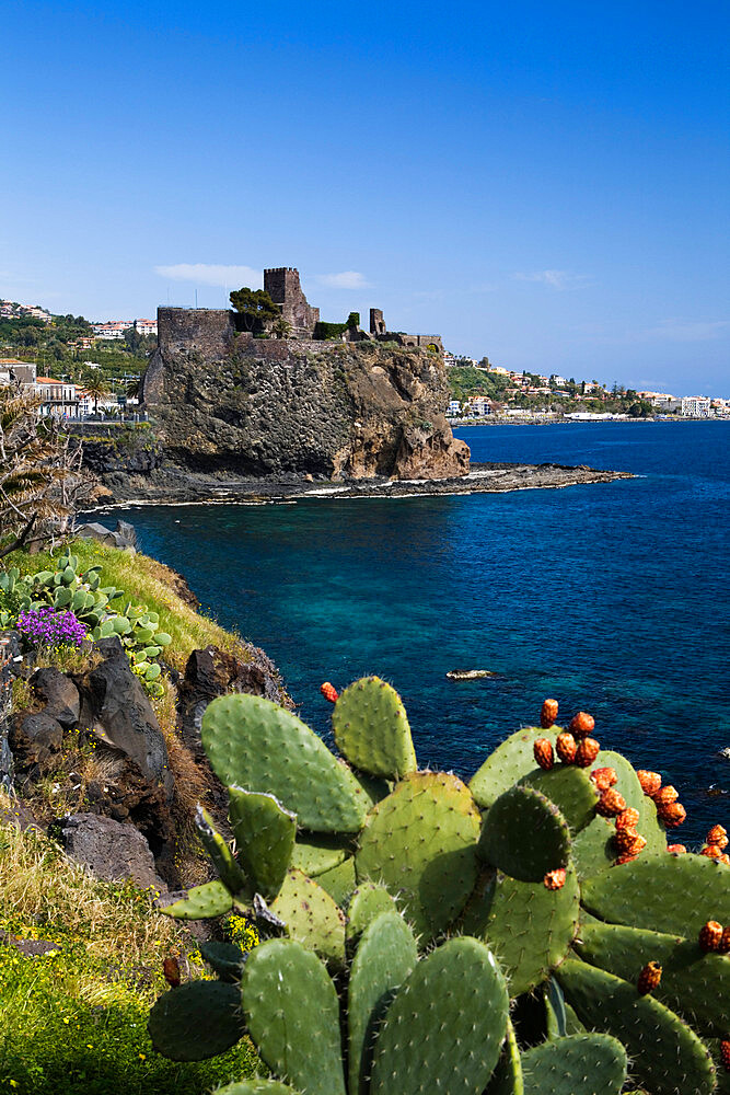 The castle and coastline, Aci Castello, Sicily, Italy, Mediterranean, Europe