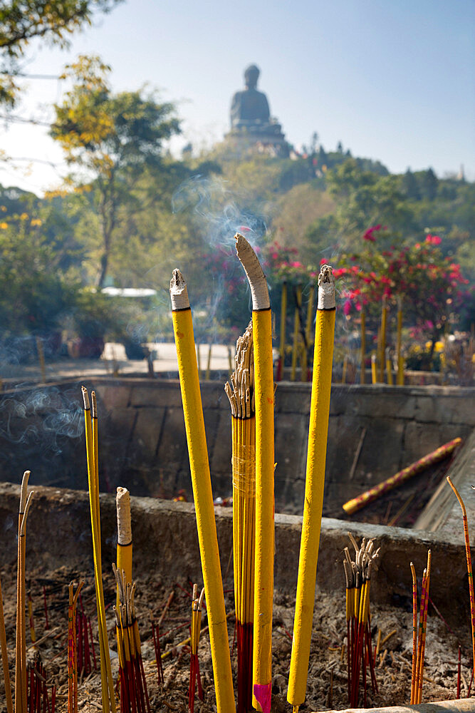 Burning incense, Big Buddha, Po Lin Monastery, Ngong Ping, Lantau Island, Hong Kong, China, Asia