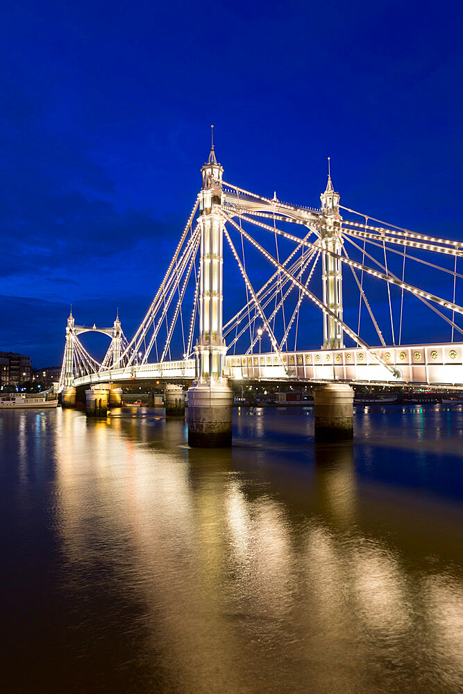 Albert Bridge and River Thames at night, Chelsea, London, England, United Kingdom, Europe