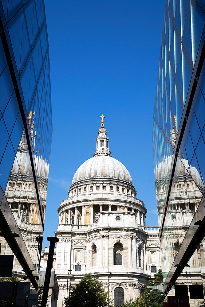 Dome of St. Paul's Cathedral reflected in office windows, London, England, United Kingdom, Europe