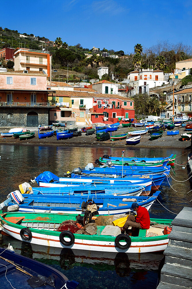 View over fishing harbour, Santa Maria La Scala, Sicily, Italy, Mediterranean, Europe