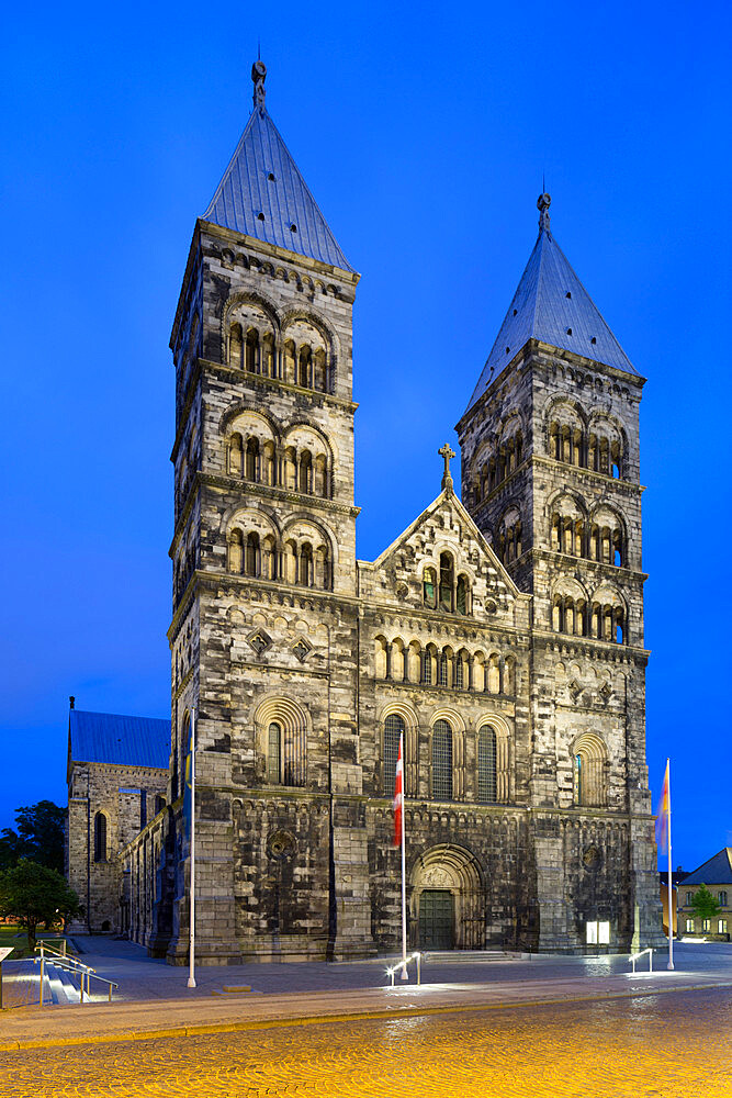 Romanesque cathedral of Domkyrkan at night, Lund, Skane, South Sweden, Sweden, Scandinavia, Europe