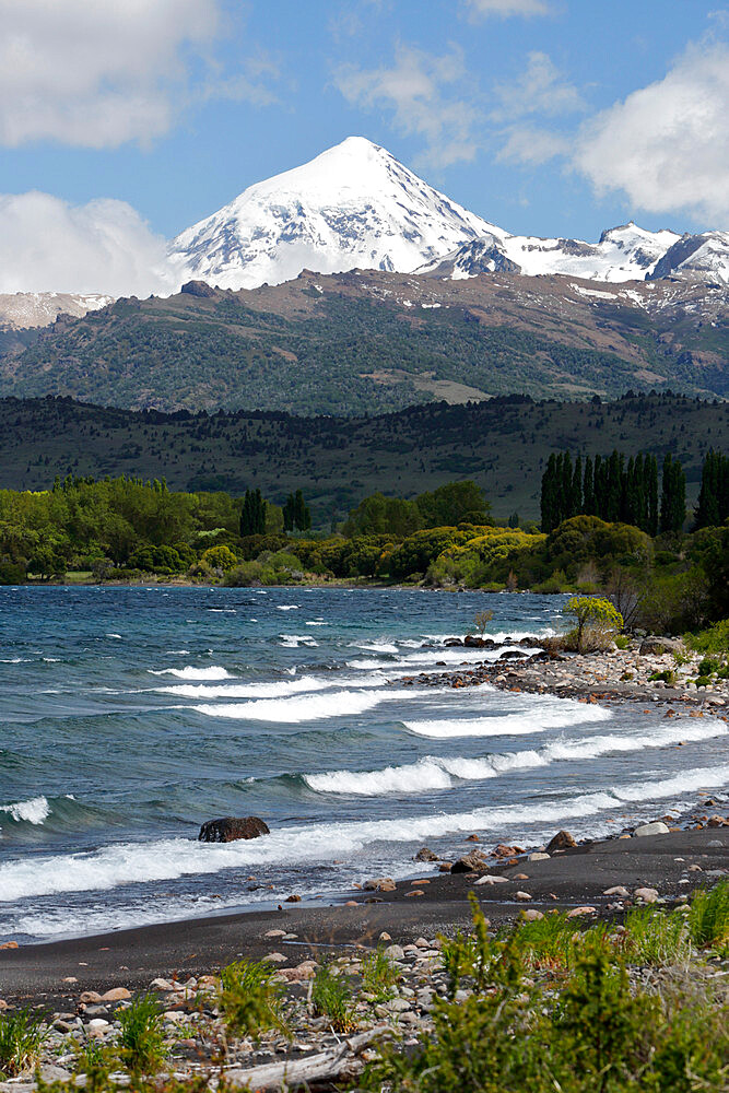 Lanin volcano and Lago Huechulafquen, Lanin National Park, near Junin de los Andes, The Lake District, Argentina, South America