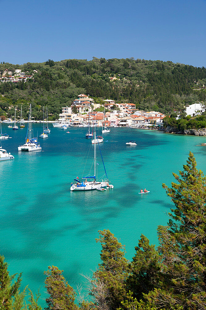 Yachts anchored in bay, Lakka, Paxos, Ionian Islands, Greek Islands, Greece, Europe