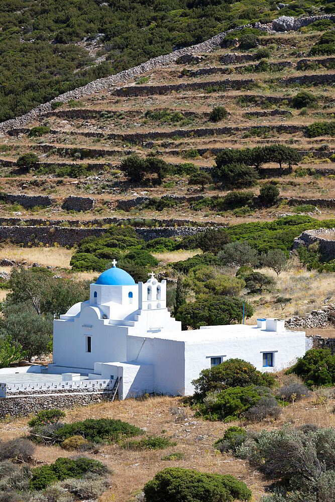 Terraced landscape and Greek Orthodox church Agios Ioannis Chonis, Sifnos, Cyclades, Aegean Sea, Greek Islands, Greece, Europe