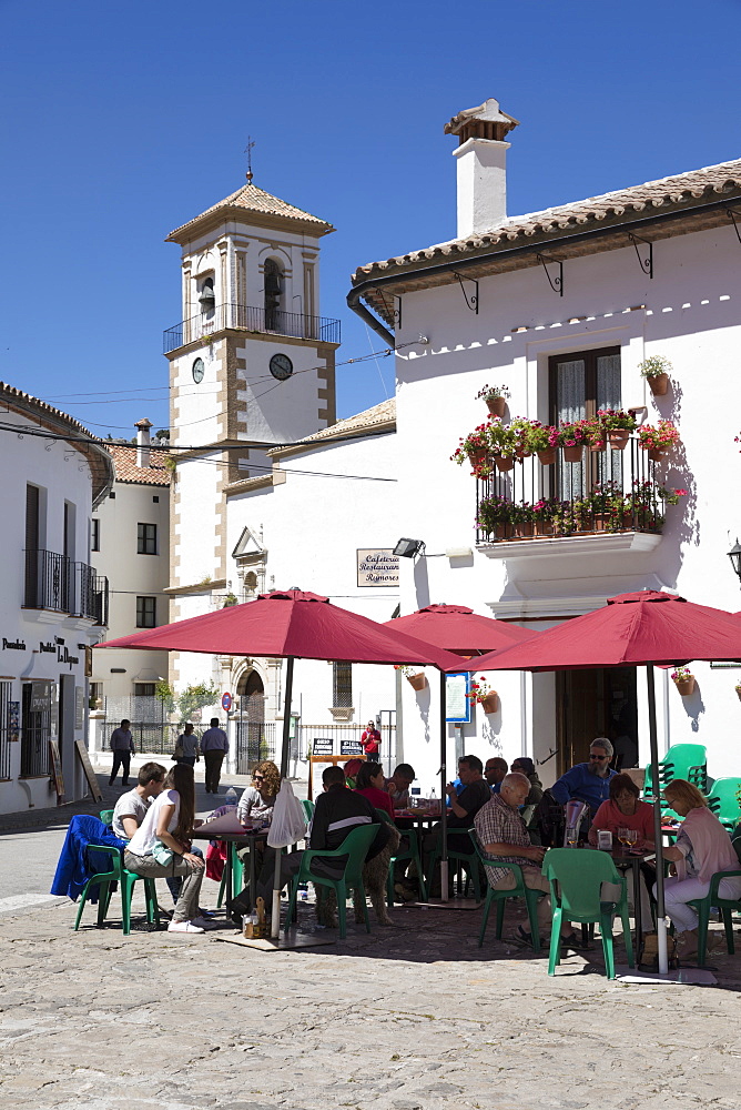 Cafe in town square, Grazalema, Sierra de Grazalema Natural Park, Andalucia, Spain, Europe