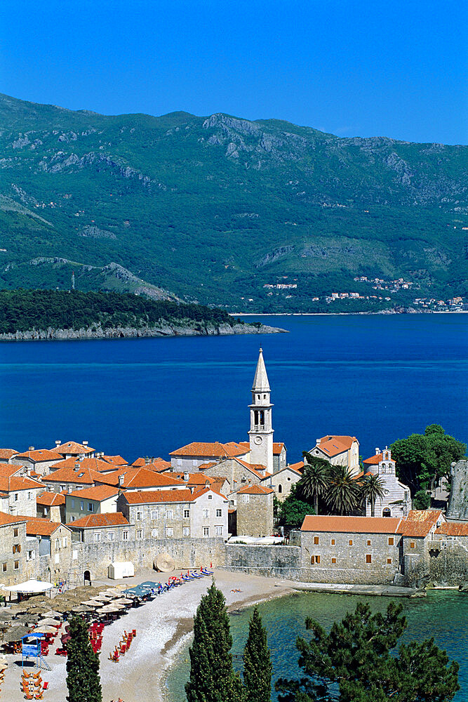 View over Old Town and bay, Budva, The Budva Riviera, Montenegro, Europe