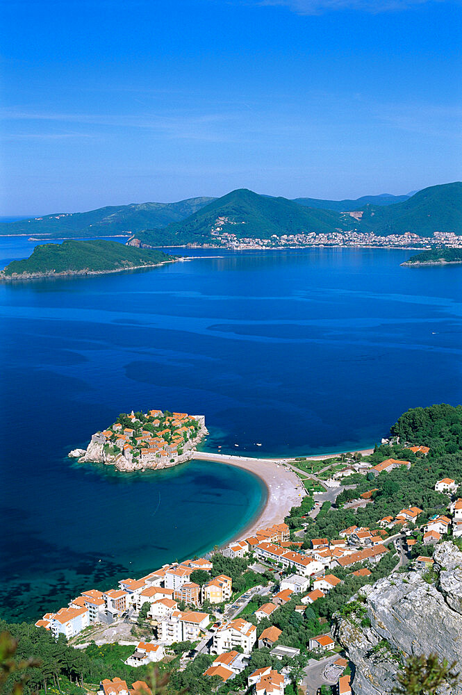 View over the Island and bay, Sveti Stefan, The Budva Riviera, Montenegro, Europe