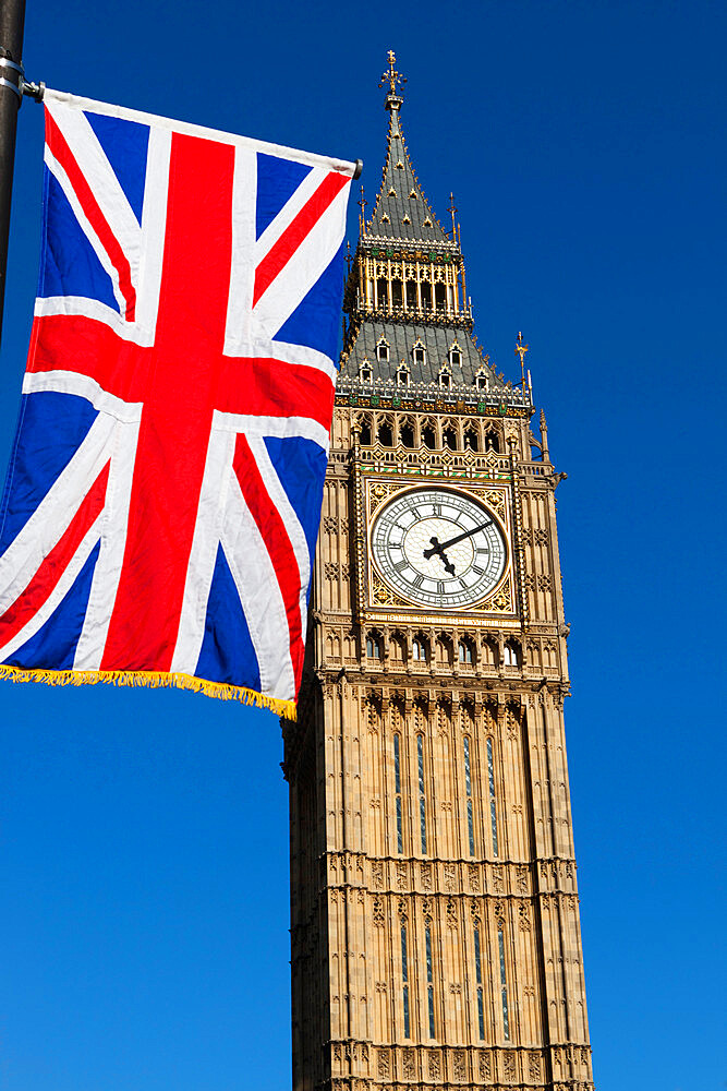 Big Ben with Union flag, Westminster, UNESCO World Heritage Site, London, England, United Kingdom, Europe