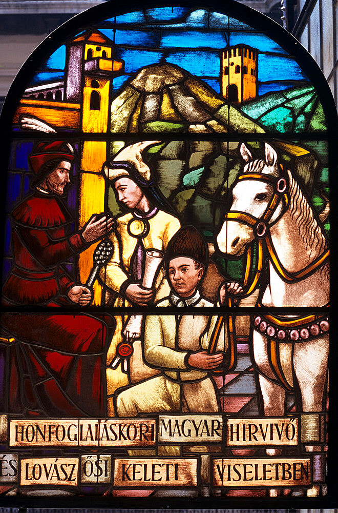 Stained-glass window depicting Magyar leaders in the Postal Museum (Postamuzeum),  Budapest, Hungary, Europe