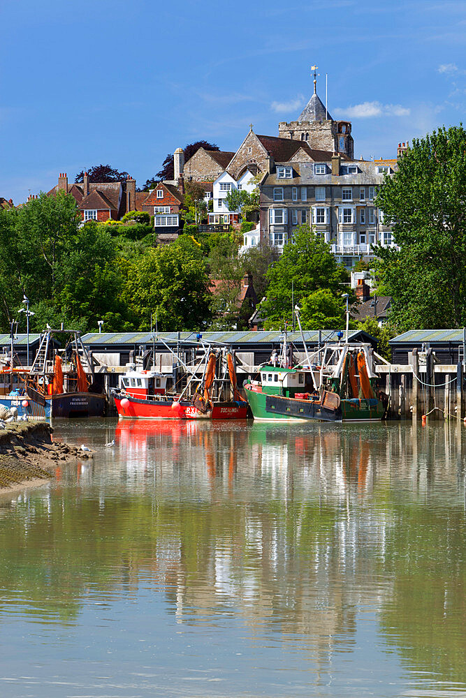 Fishing harbour on River Rother, old town, Rye, East Sussex England, United Kingdom, Europe