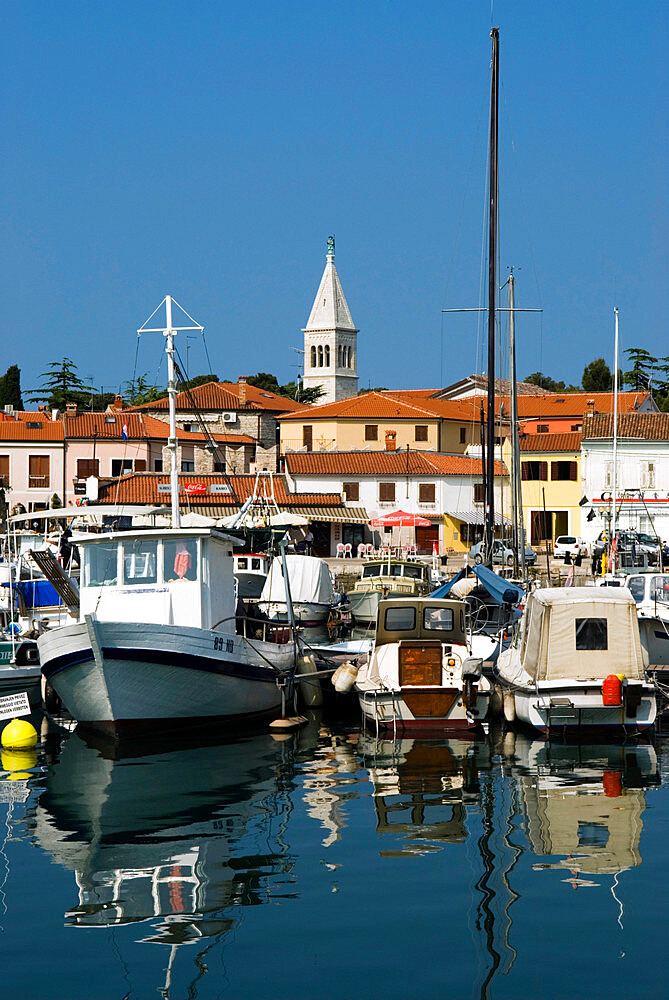 Harbour and Venetian style campanile, Novigrad (Cittanova), Istria, Croatia, Adriatic, Europe