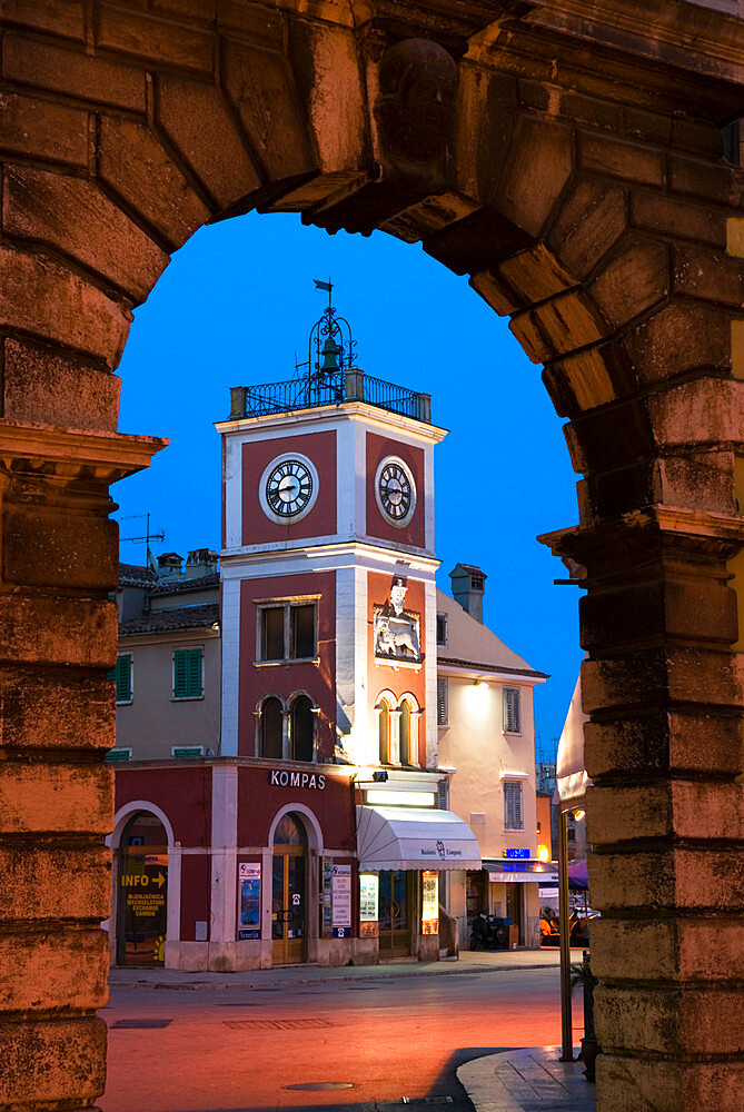 Trg Marsala Tita (main Square) at dusk, Rovinj, Istria, Croatia, Europe