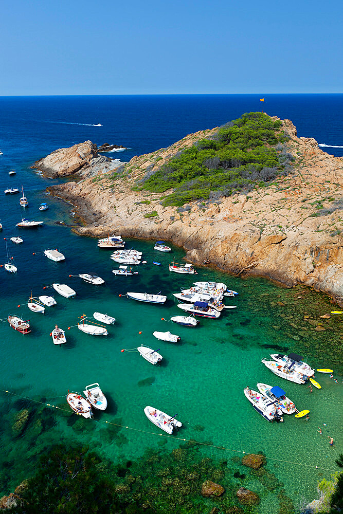 Cove filled with pleasure boats, Sa Tuna, near Begur, Costa Brava, Catalonia, Spain, Mediterranean, Europe