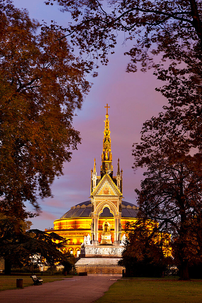 Albert Memorial and Royal Albert Hall at dusk, Hyde Park, London, England