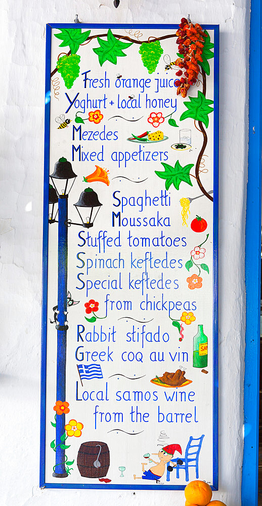 Geek taverna menu board, Vourliotes, Samos, Aegean Islands, Greece