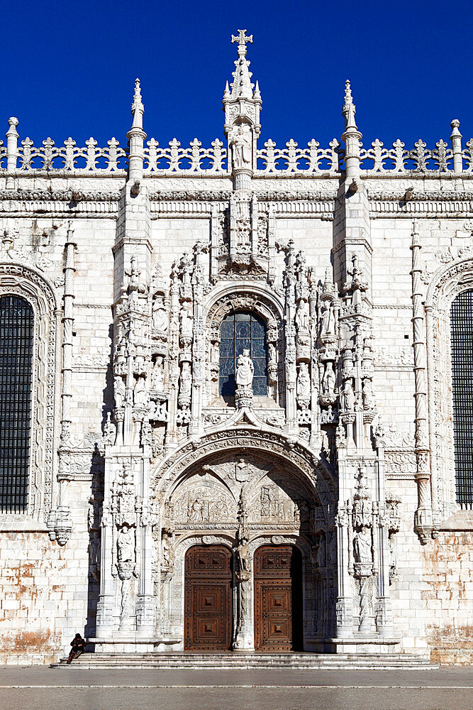 Main entrance with carving of Henry the Navigator, Mosteiro dos Jeronimos, UNESCO World Heritage Site, Belem, Lisbon, Portugal, Europe