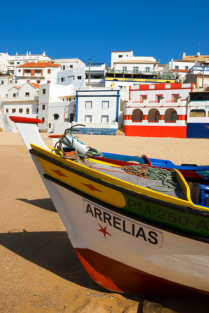 Fishing boat on beach, Carvoeiro, Algarve, Portugal, Europe