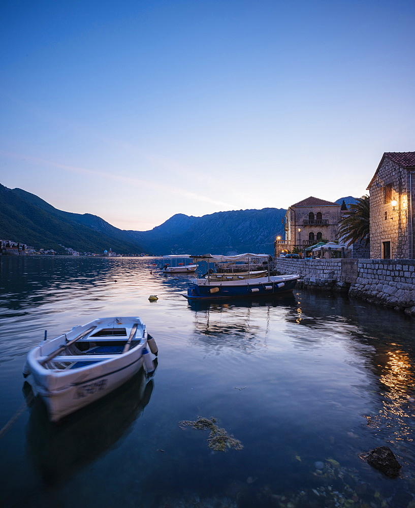 Perast at twilight, Bay of Kotor, UNESCO World Heritage Site, Montenegro, Europe