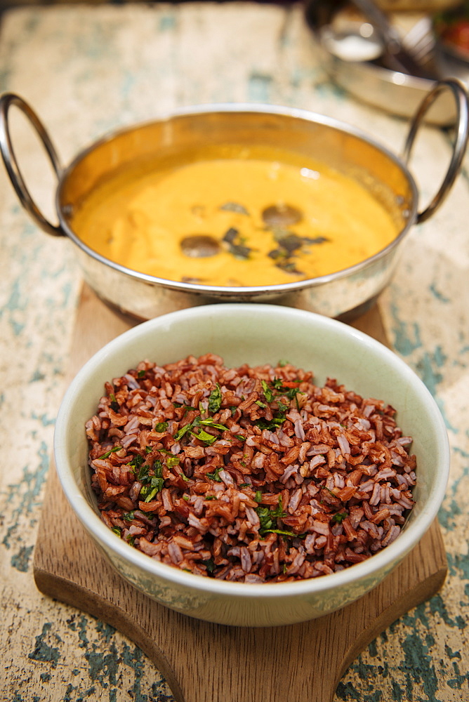 Traditional dish of red rice and chicken soup, Galle, South Coast, Sri Lanka, Asia