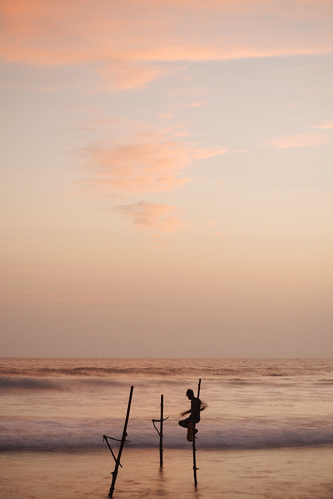 Stilt Fishermen at dusk, Weligama, South Coast, Sri Lanka, Asia