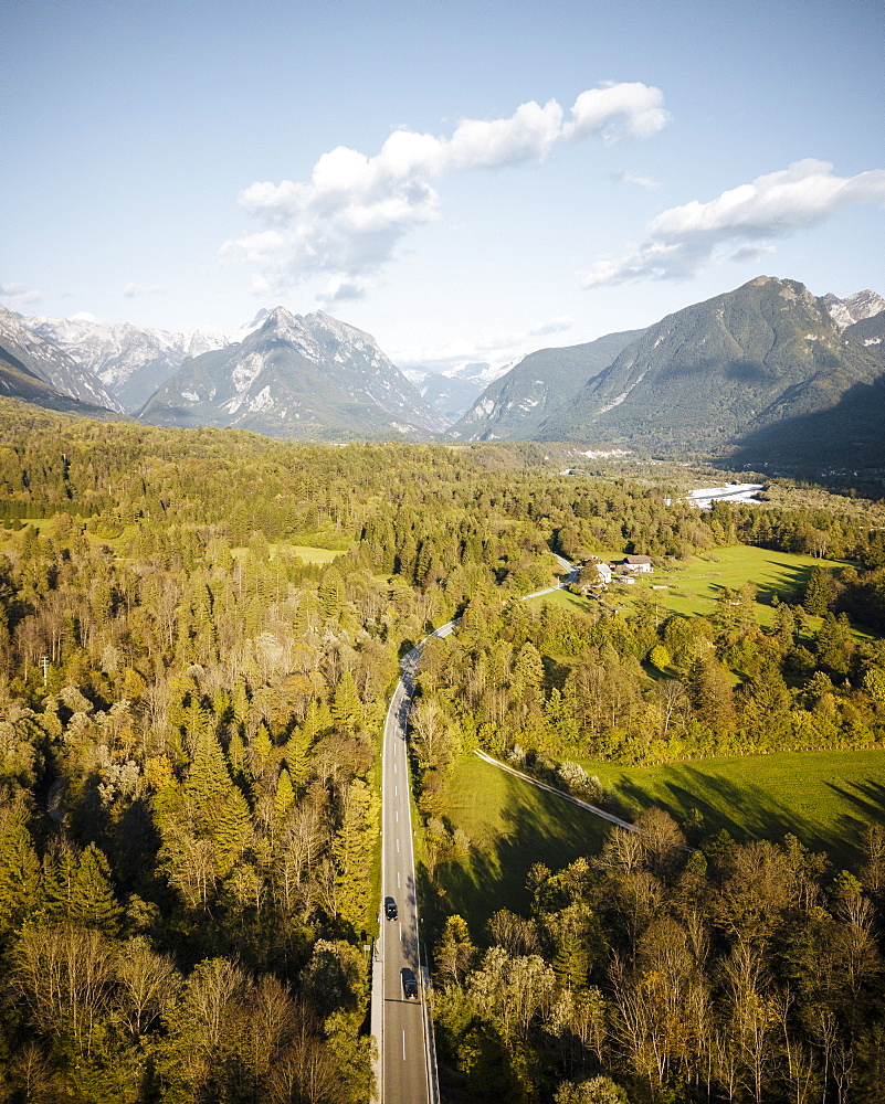 Aerial view by drone of Highway, Triglav National Park, Upper Carniola, Slovenia, Europe