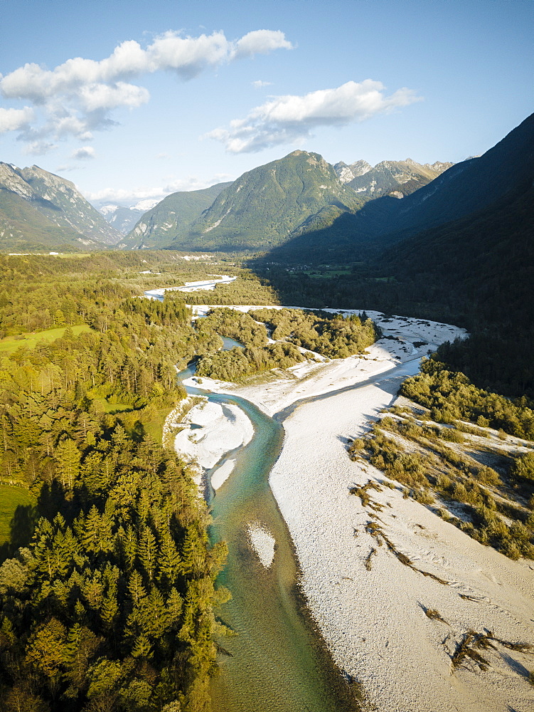 Aerial view by drone of Soca River, Julian Alps, Triglav National Park, Upper Carniola, Slovenia, Europe