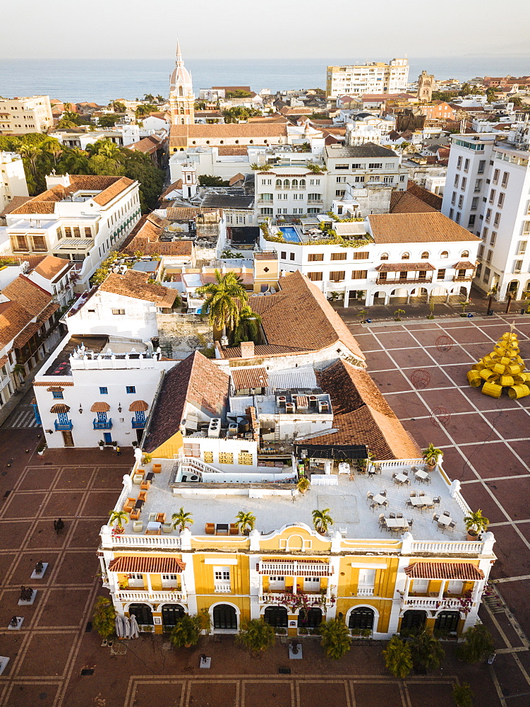 Aerial view by drone of Cartagena Old Town, Bolivar Department, Colombia, South America