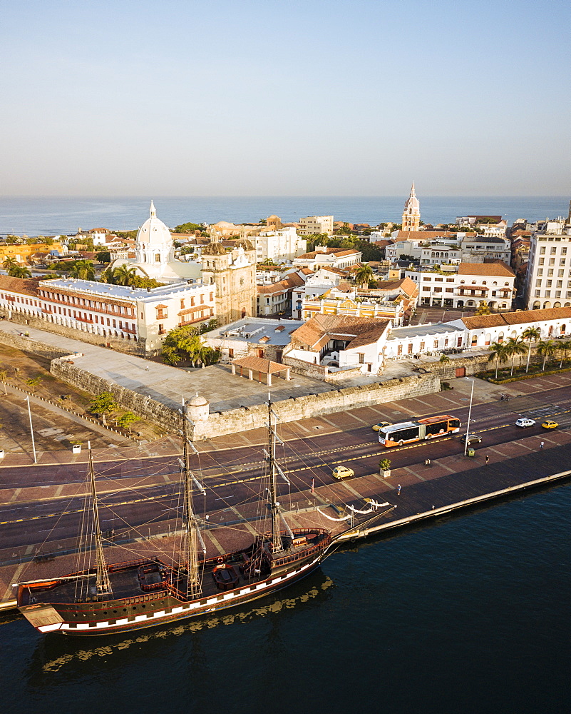 Aerial view by drone of Cartagena Old Town, Bolivar Department, Colombia, South America