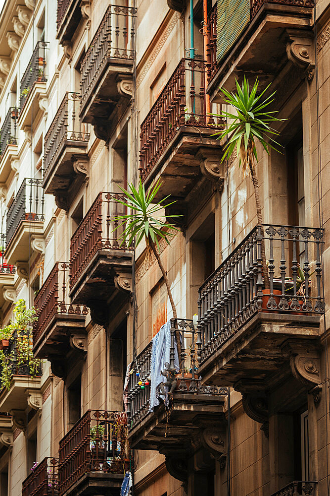 Close up view of balconies, Plaza San Pedro, Barcelona, Catalonia, Spain, Europe