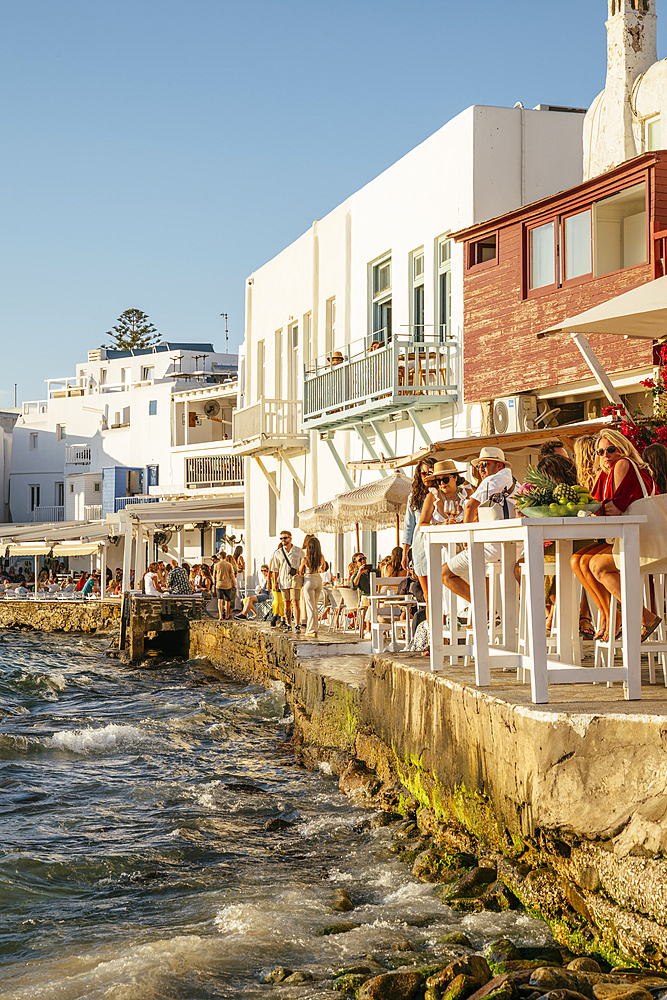 Little Venice at sunset, Chora (Mykonos Town), Mykonos Island, Cyclades, Greek Islands, Greece, Europe