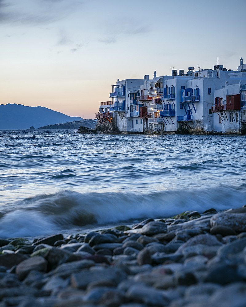 Little Venice at twilight, Chora (Mykonos Town), Mykonos Island, Cyclades, Greek Islands, Greece, Europe