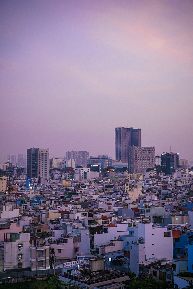 Aerial view of Saigon at dusk, Ho Chi Minh City, Vietnam