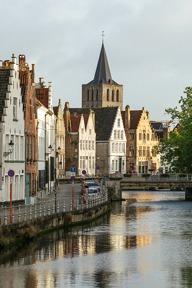Early morning light on traditional buildings in old town, Bruges, Belgium