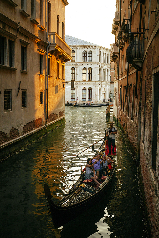 Gondola taking tourists along canals, Castello, Venice, Veneto, Italy