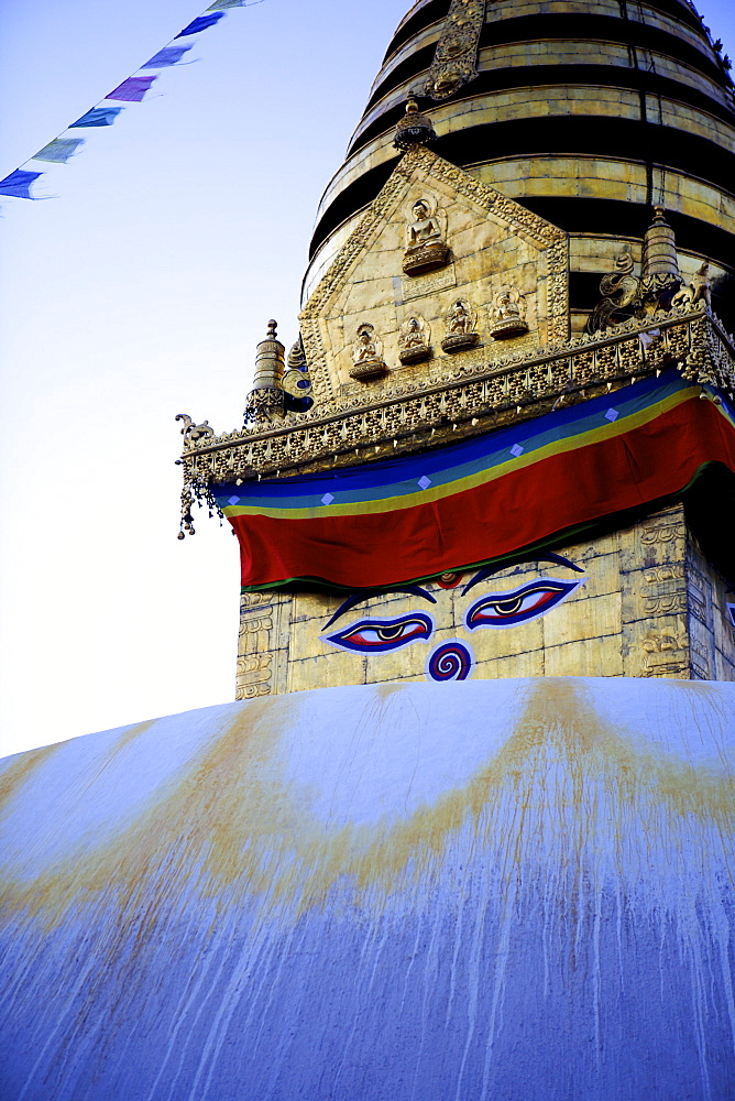 Dusk at the Buddhist stupa of Swayambu (Monkey Temple) (Swayambhunath), UNESCO World Heritage Site, Kathmandu, Nepal, Asia