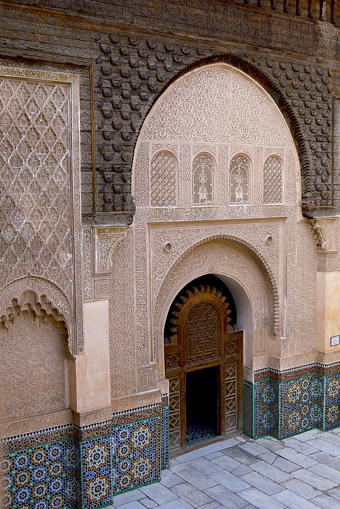 Intricate Islamic design at Medersa Ben Youssef, UNESCO World Heritage Site, Marrakech, Morocco, North Africa, Africa 