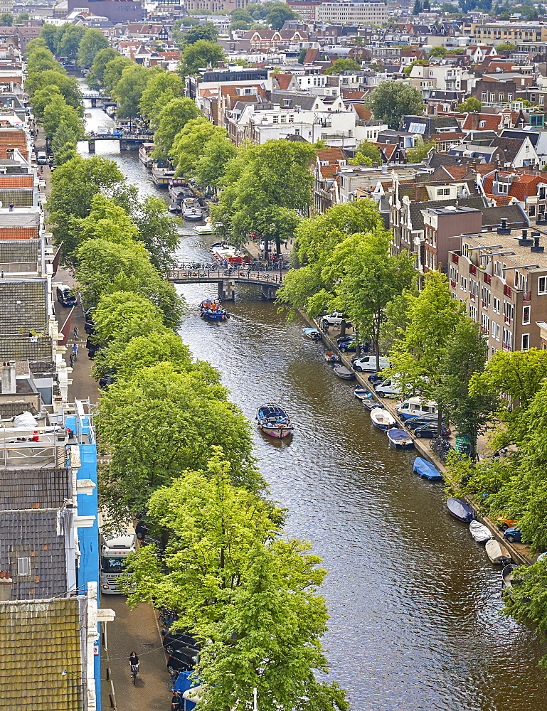 An aerial view of Prinsengracht Canal, Amsterdam, North Holland, The Netherlands, Europe