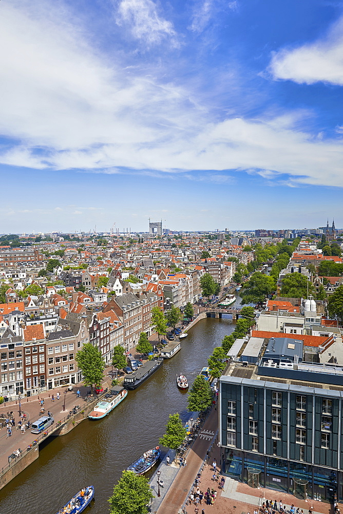 View of the Jordaan and Prinsengracht from the top of Westerkerk church, Amsterdam, North Holland, The Netherlands, Europe