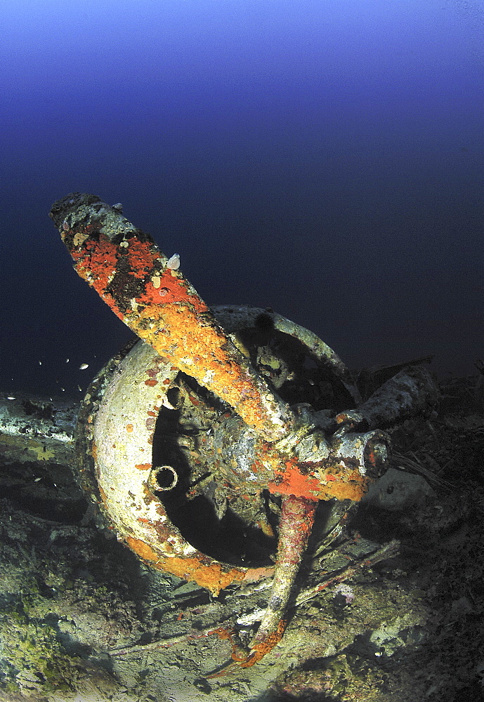 Remains of propeller and engine from wing of Blenheim Bomber , shot down during WWII, Malta, Maltese Islands, Mediterranean