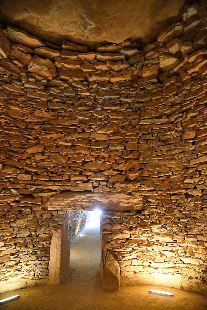 Dolmen de Romeral, a Chalcolithic period ritual monument, showing the corbelled construction of the inner chamber, Antequera, Malaga Province, Andalusia, Spain, Europe