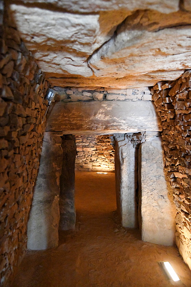 Dolmen de Romeral, a Chalcolithic period ritual monument, showing the corbelled construction of the entrance passage, Antequera, Malaga Province, Andalusia, Spain, Europe