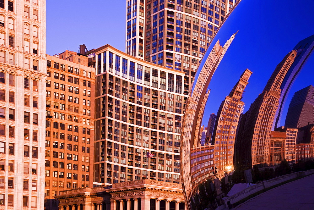 Skyscrapers reflecting in road mirror, Chicago, Illinois 