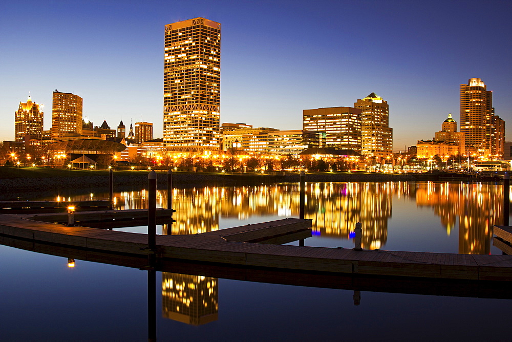 Skyscrapers reflecting in Lake Michigan, Milwaukee, Wisconsin 