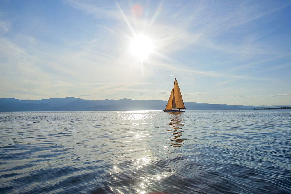 Flathead Lake, Tranquil scene with sailboat, Flathead Lake, Montana, USA