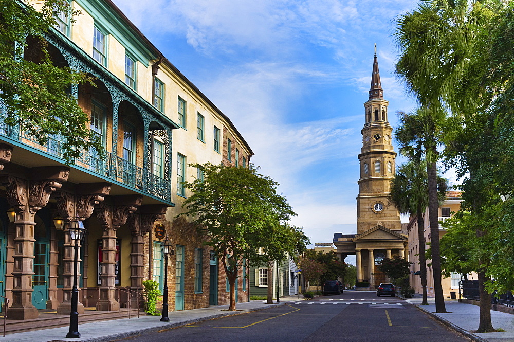 USA, South Carolina, Charleston, Church Street, Dock Street Theater, St. Philip's Church