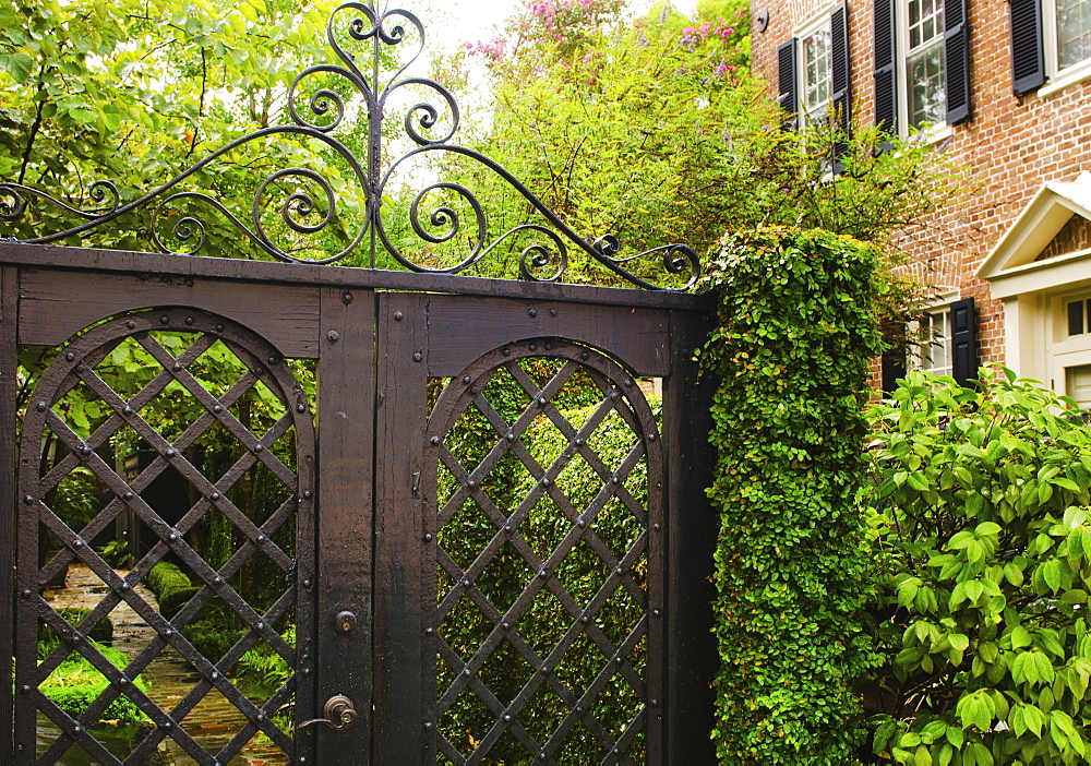 USA, South Carolina, Charleston, Close up of ornate iron gate